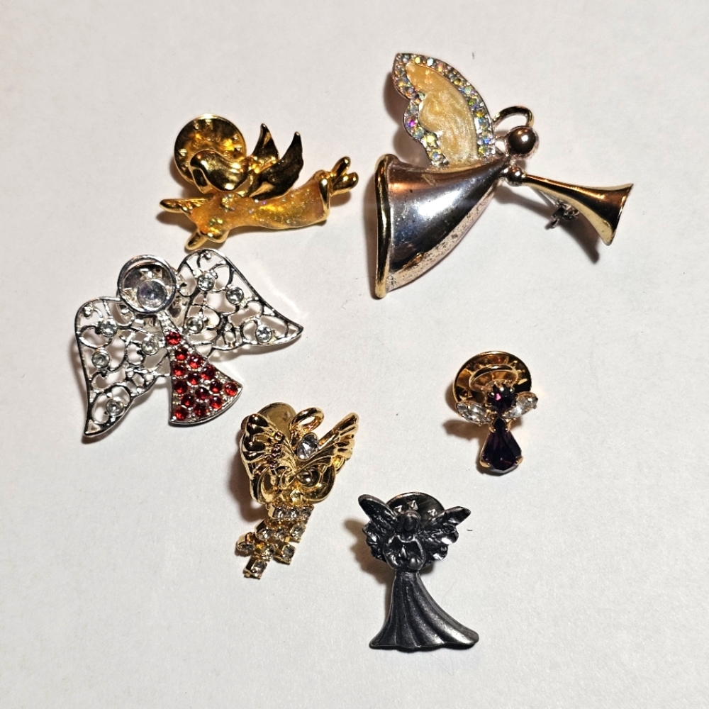 6 Vintage Angel Religious Brooch Pins Lot